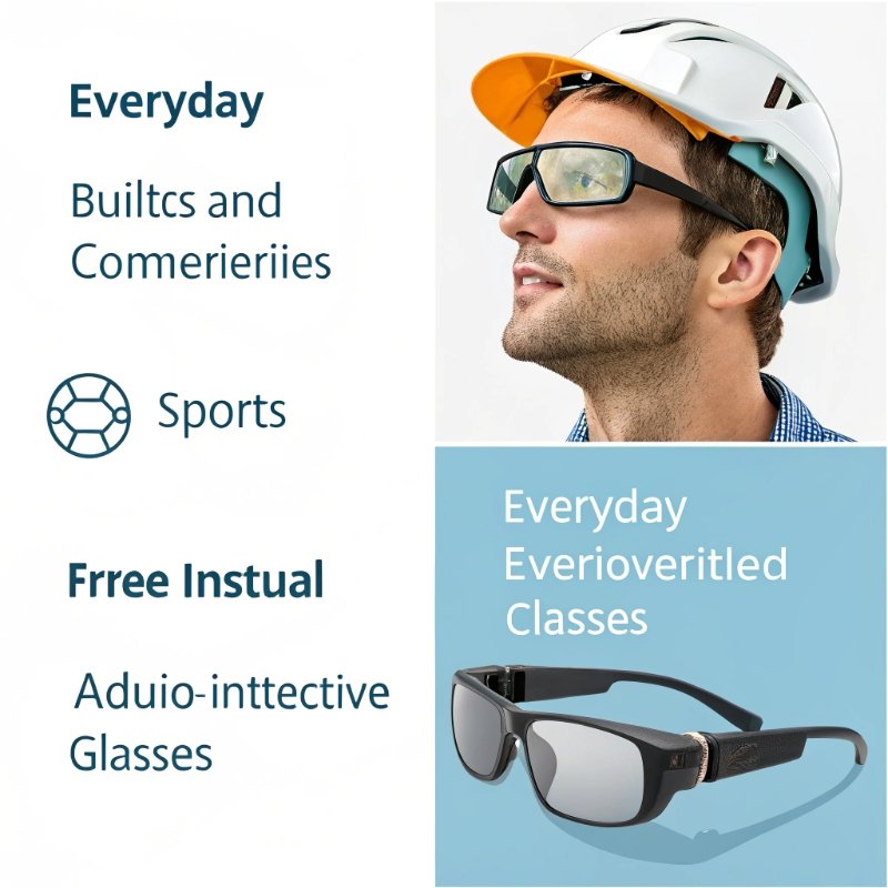 A cyclist using smart glasses and a factory worker using AR glasses