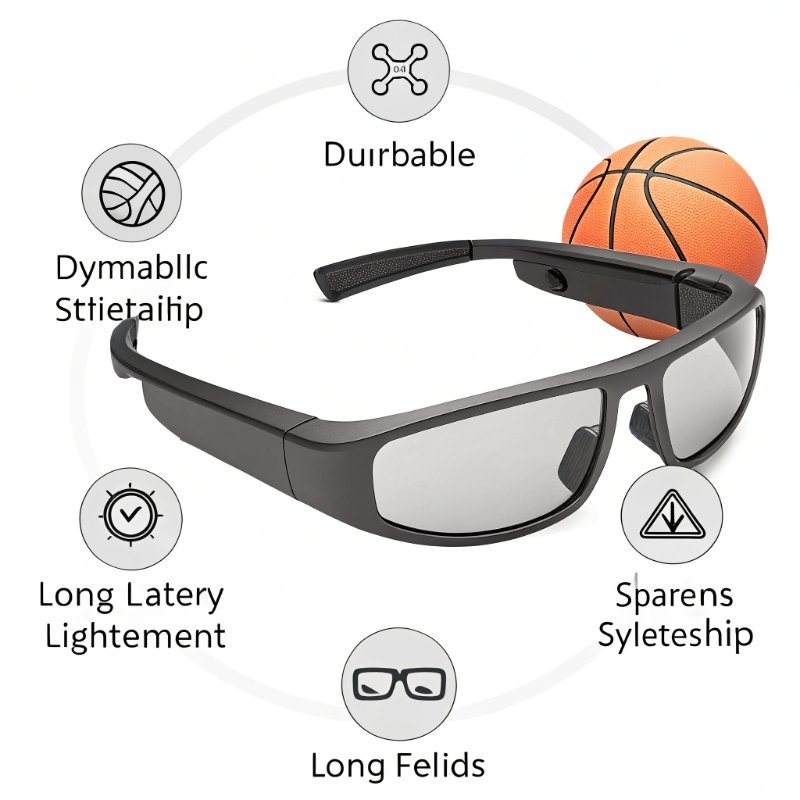 A close-up shot of the durable TR90 frame and high-tech lens of a smart glass